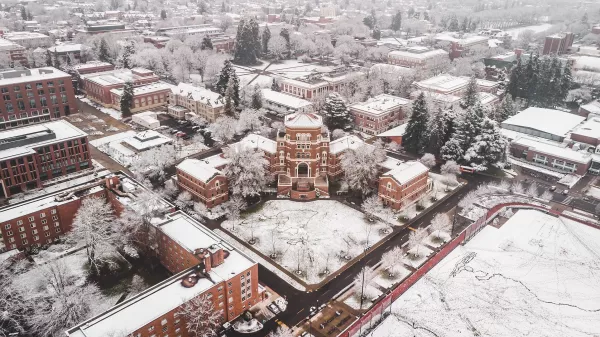 Areal photo of Weatherford Hall in the winter.